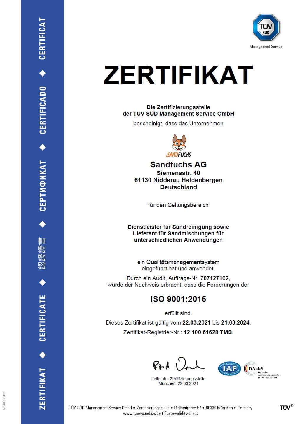 QMS ISO Norm 9001-2015 Zertifikat für Sandfuchs AG